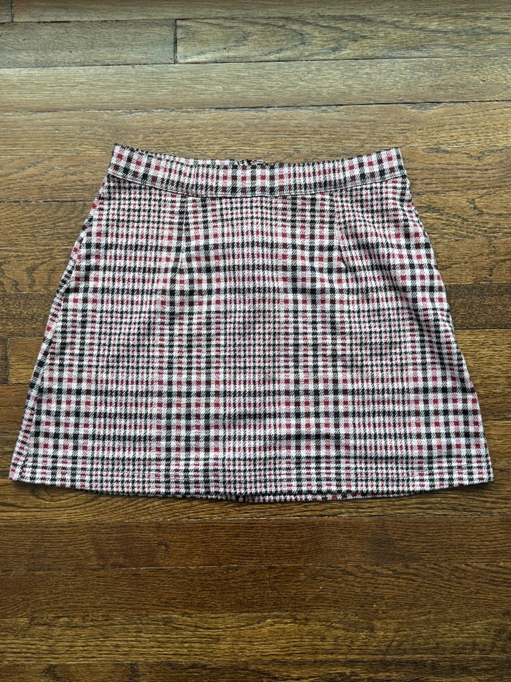 Ardene Plaid Mini Skirt Women's Burgundy Black White Front Zip A-Line